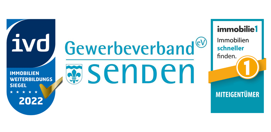 NLI Immobilien Senden – Mitglied im IVD mit Immobilien-Weiterbildungssiegel 2022, Gewerbeverband Senden e.V. und immobilie1 Miteigentümer