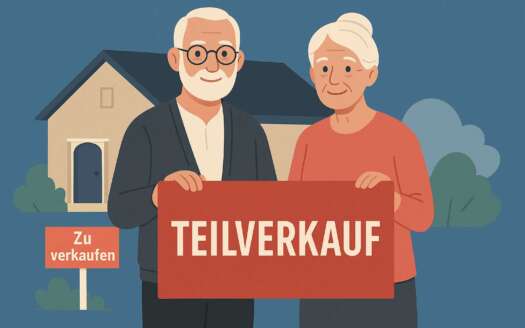 Älteres Paar vor ihrem Haus hält Schild Teilverkauf – Finanzielle Freiheit im Alter durch Teilverkauf der Immobilie