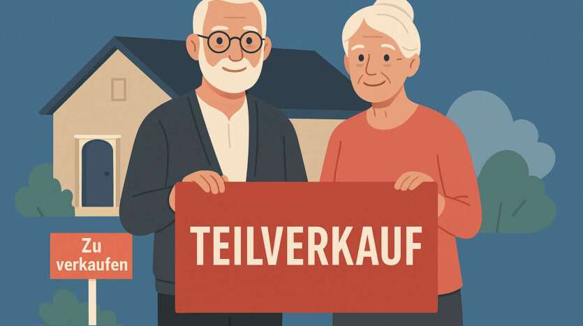 Älteres Paar vor ihrem Haus hält Schild Teilverkauf – Finanzielle Freiheit im Alter durch Teilverkauf der Immobilie