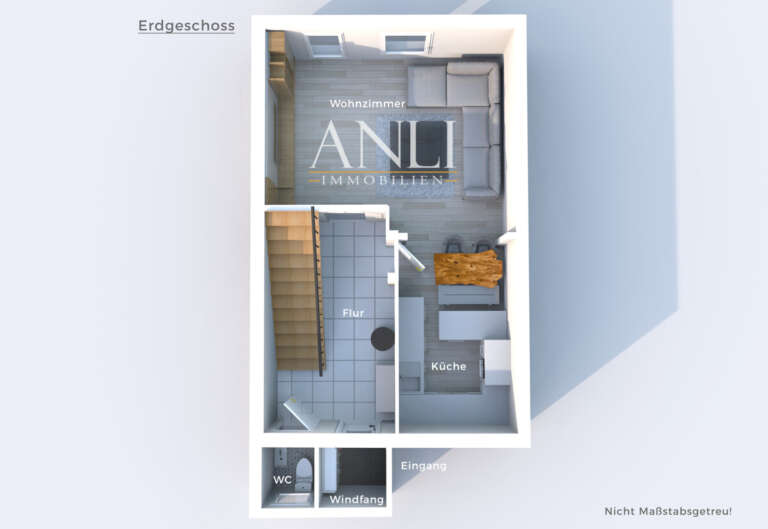 3D-Grundriss des Erdgeschosses eines Reihenmittelhauses